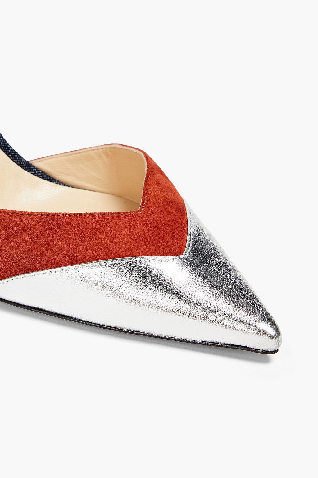 JIMMY CHOO Thia 85 suede-trimmed metallic leather and denim slingback pumps