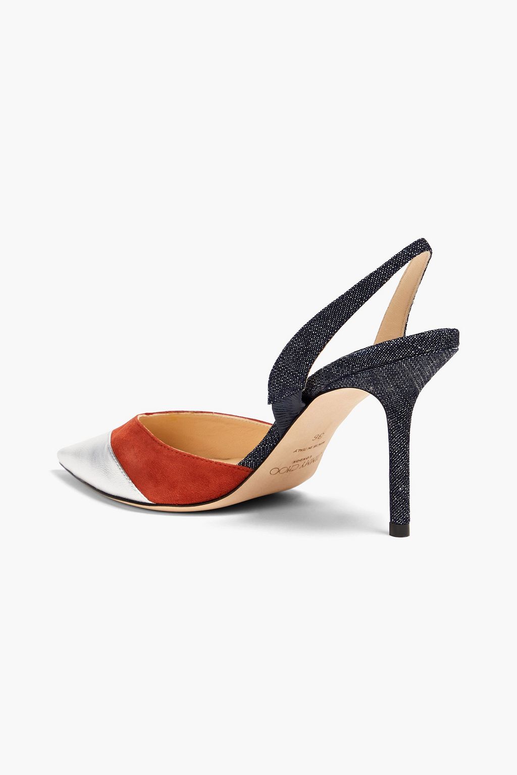 JIMMY CHOO Thia 85 suede-trimmed metallic leather and denim slingback pumps