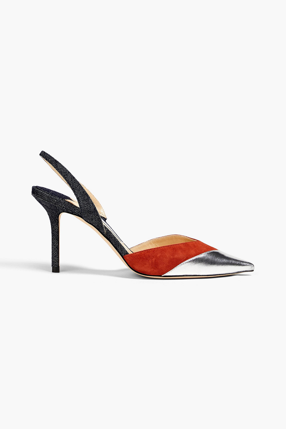 Thia 85 suede-trimmed metallic leather and denim slingback pumps