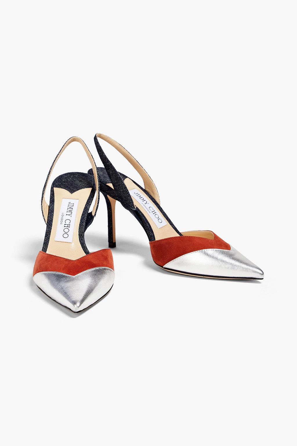 JIMMY CHOO Thia 85 suede-trimmed metallic leather and denim slingback pumps