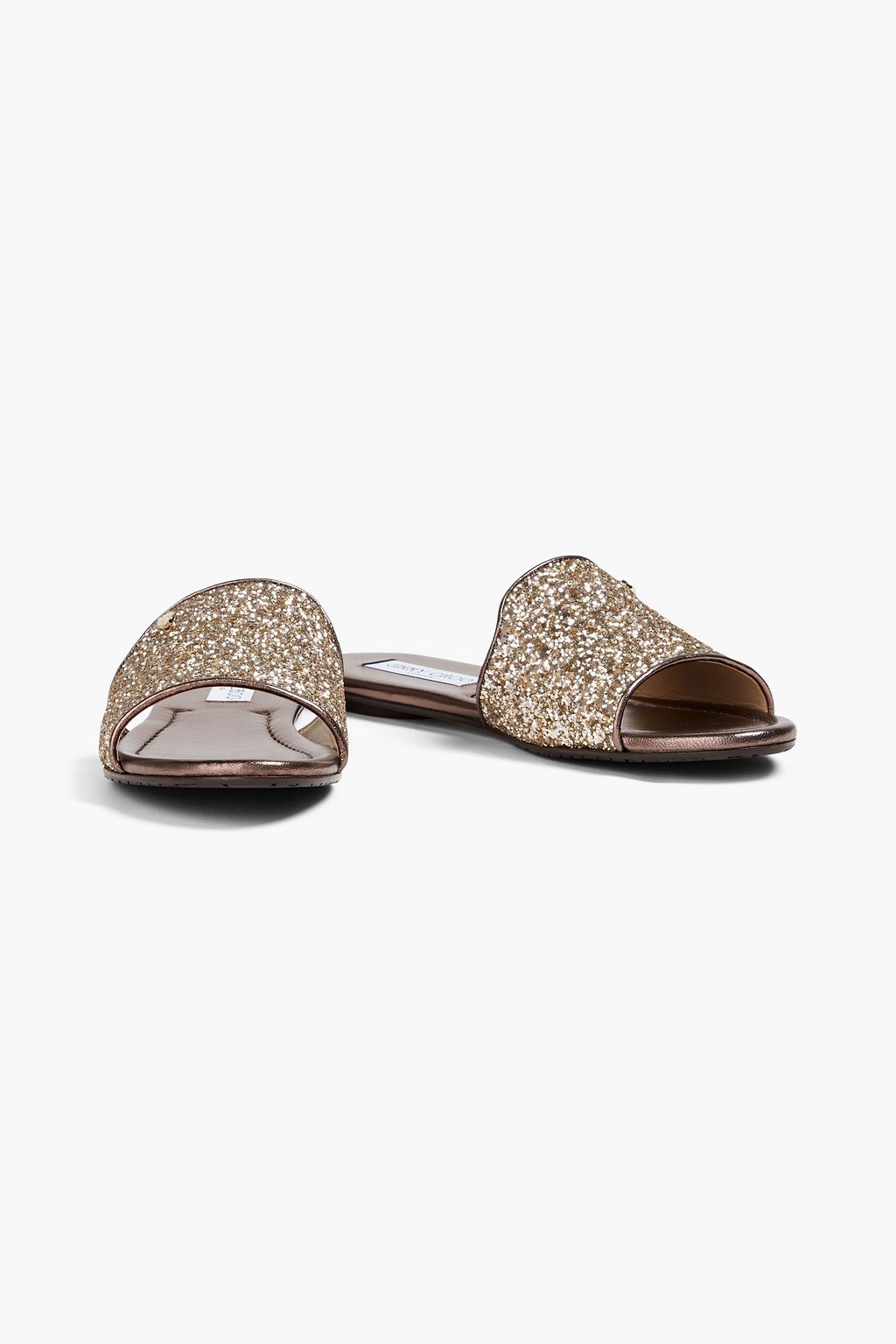 JIMMY CHOO Pantoletten aus Metallic-Satin mit Glitter-Finish