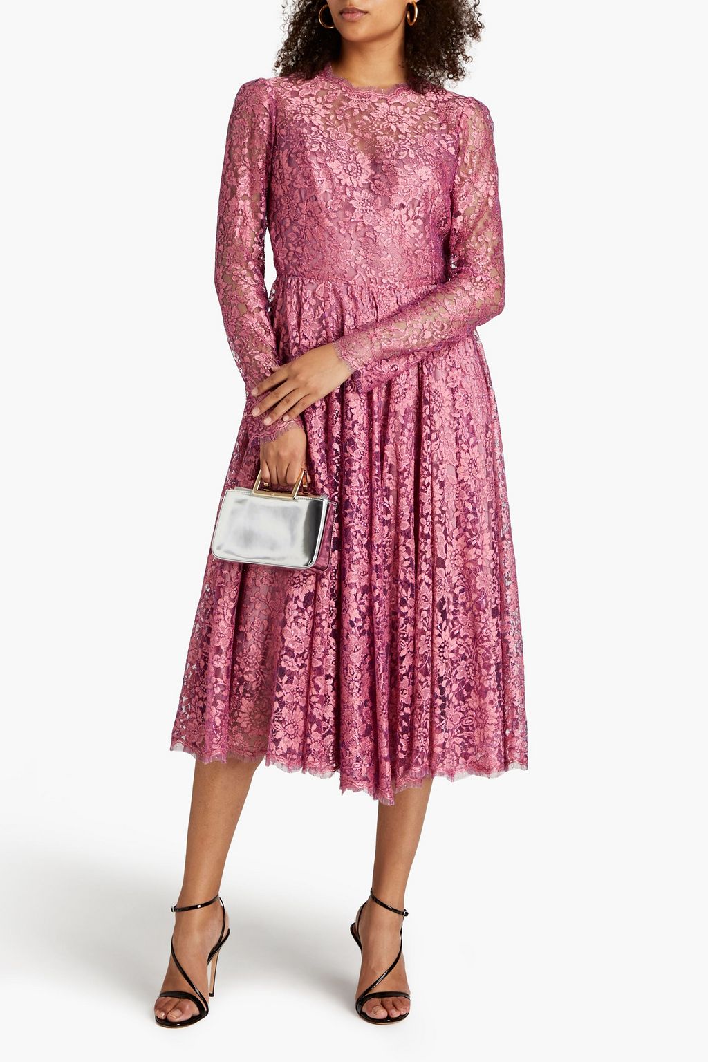 DOLCE&GABBANA Gathered metallic Leavers lace midi dress THE