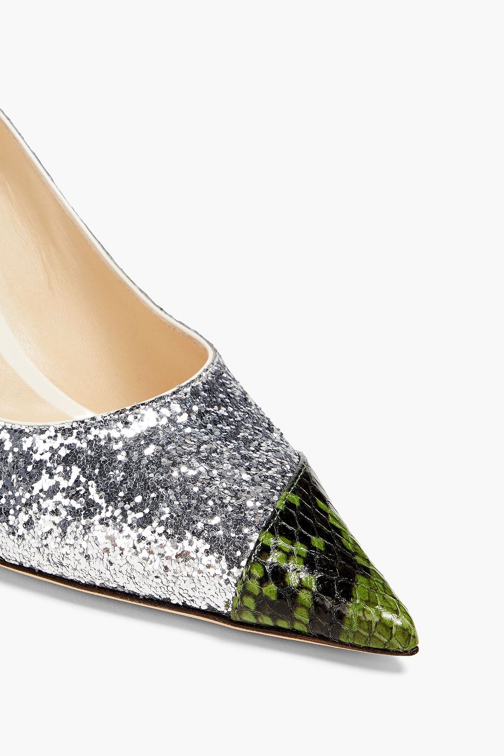 JIMMY CHOO Love 85 leather-trimmed glittered woven pumps