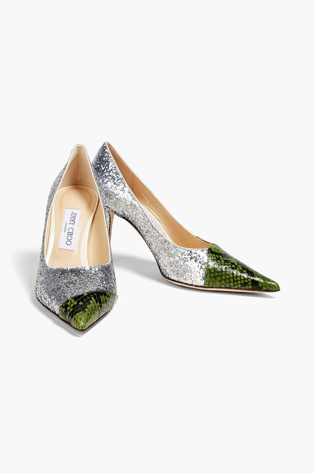 JIMMY CHOO Love 85 leather-trimmed glittered woven pumps