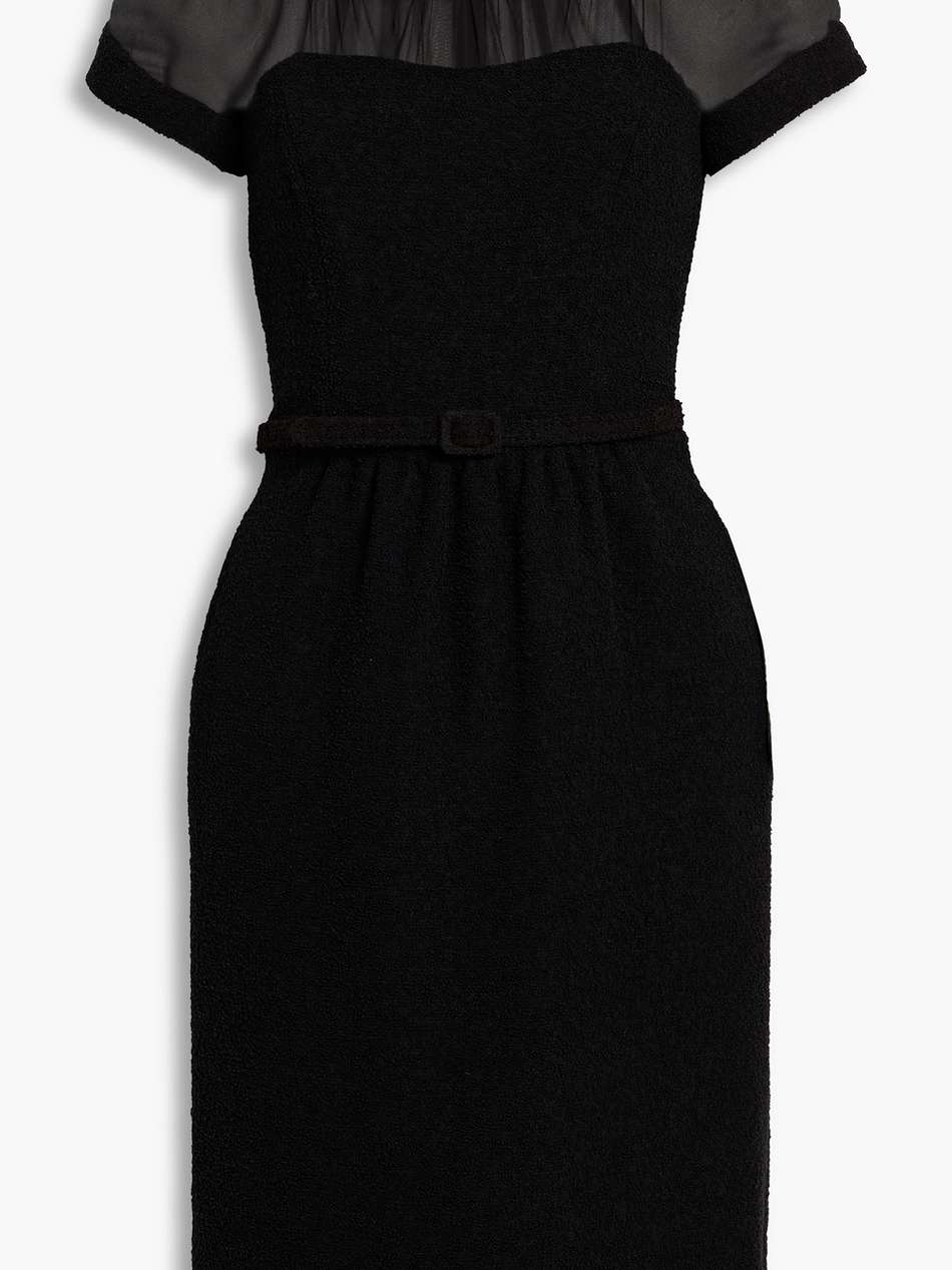 belted chiffon-paneled wool-blend bouclé dress