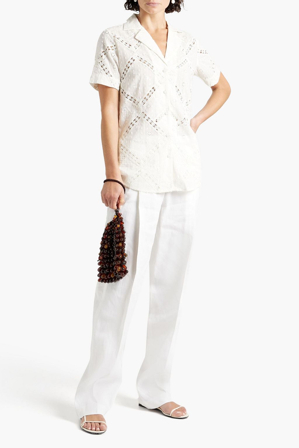 HEMANT & NANDITA Broderie anglaise-trimmed fil coupé cotton shirt