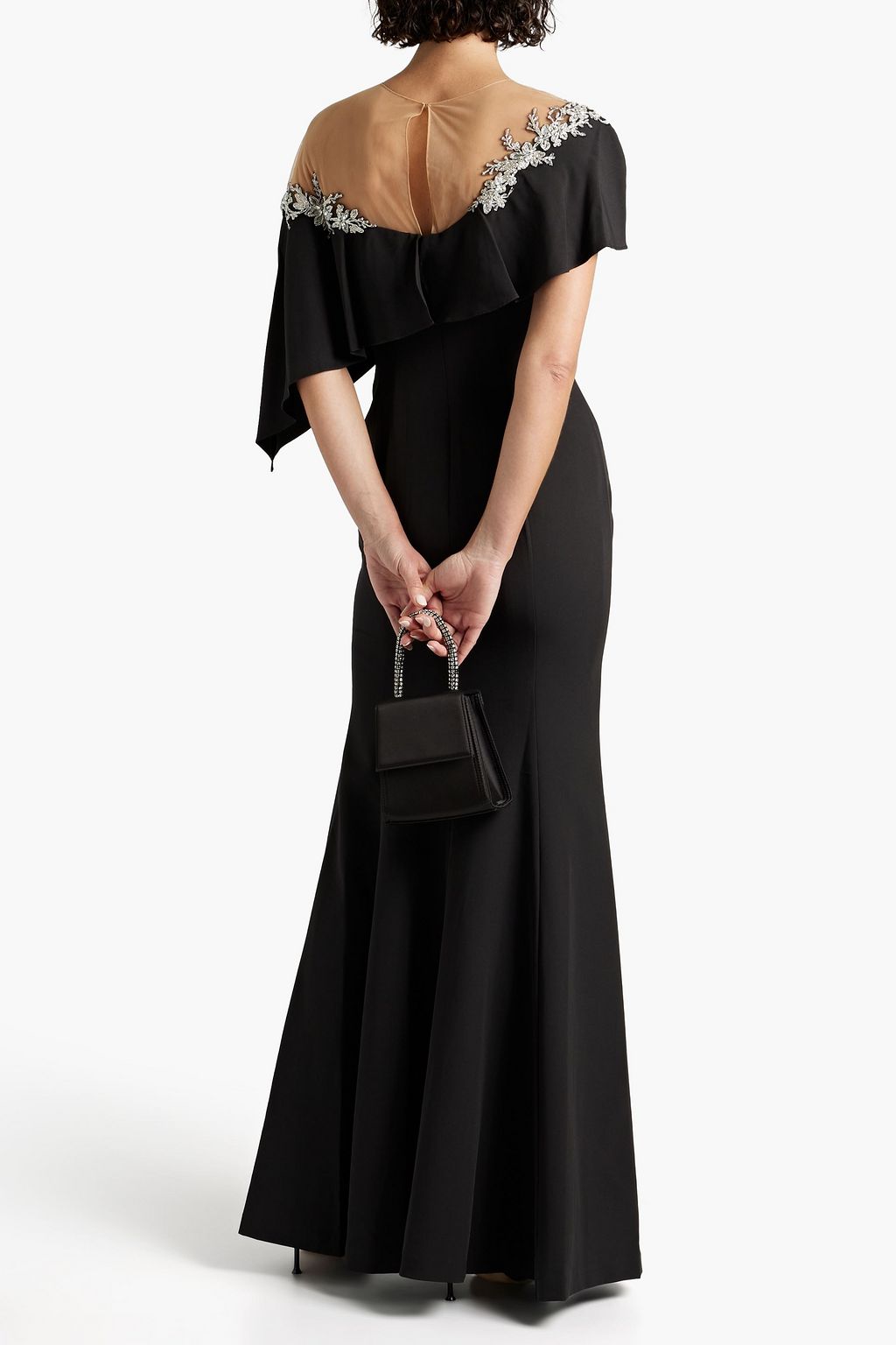 MARCHESA NOTTE Embellished tulle-paneled draped crepe gown