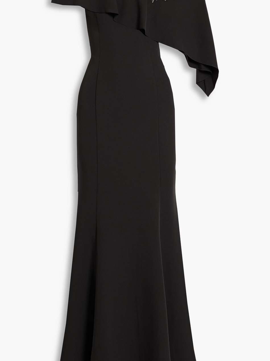 embellished tulle-paneled draped crepe gown