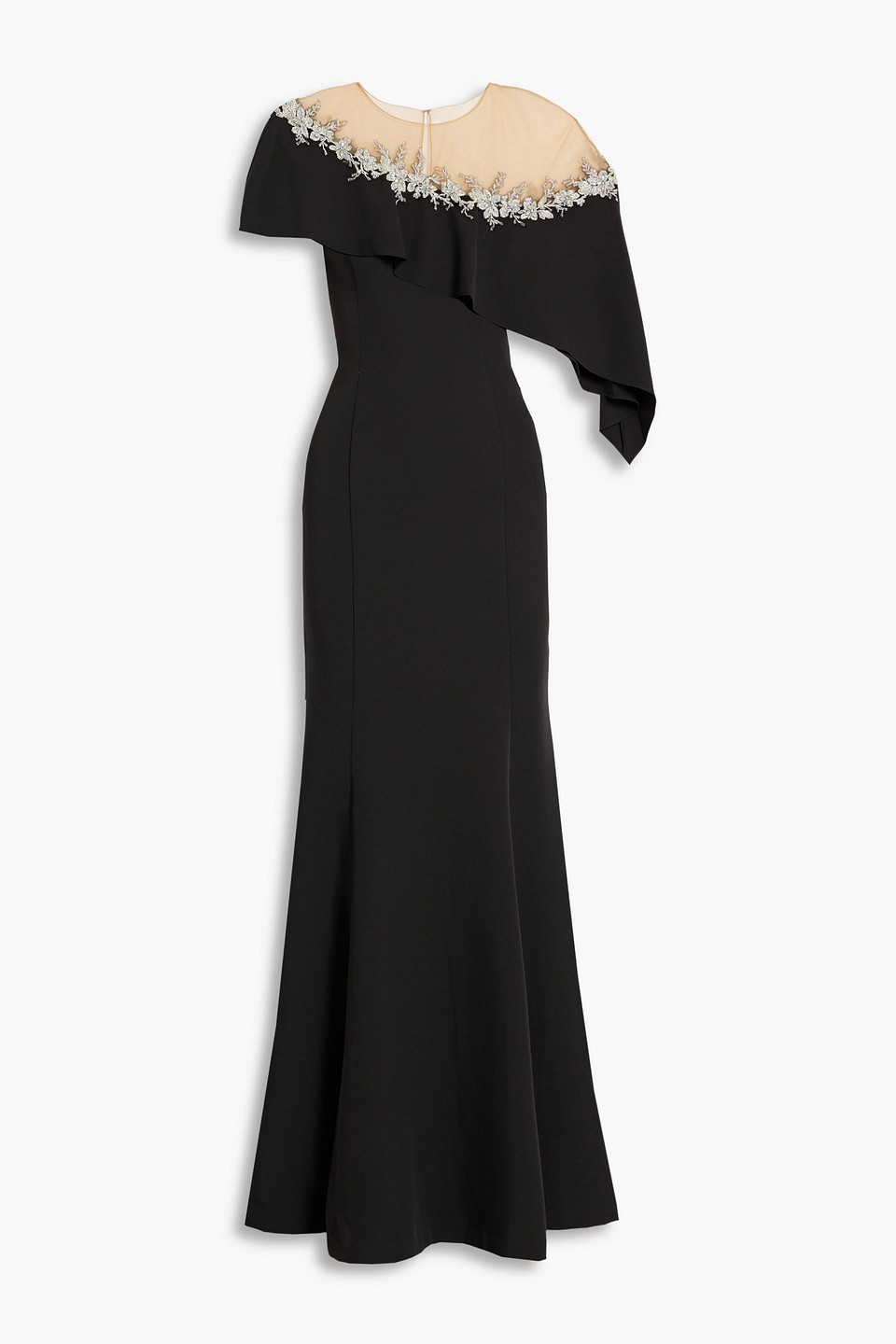 Marchesa Notte Embellished Tulle-paneled Draped Crepe Gown In Black