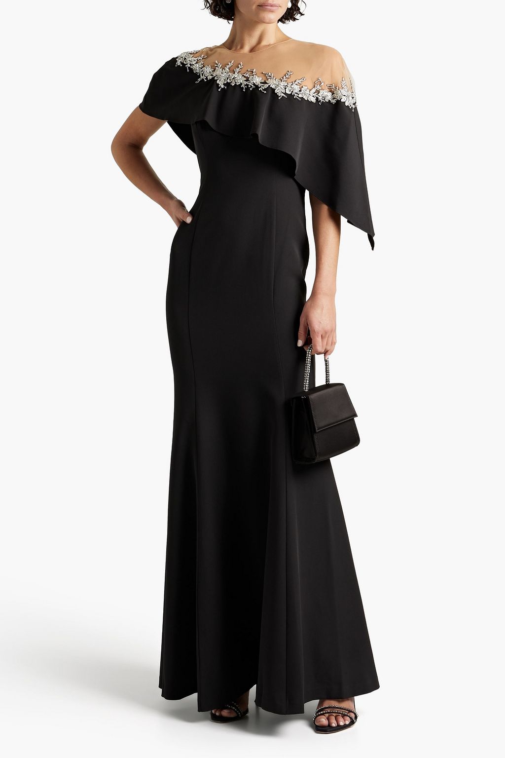 MARCHESA NOTTE Embellished tulle-paneled draped crepe gown