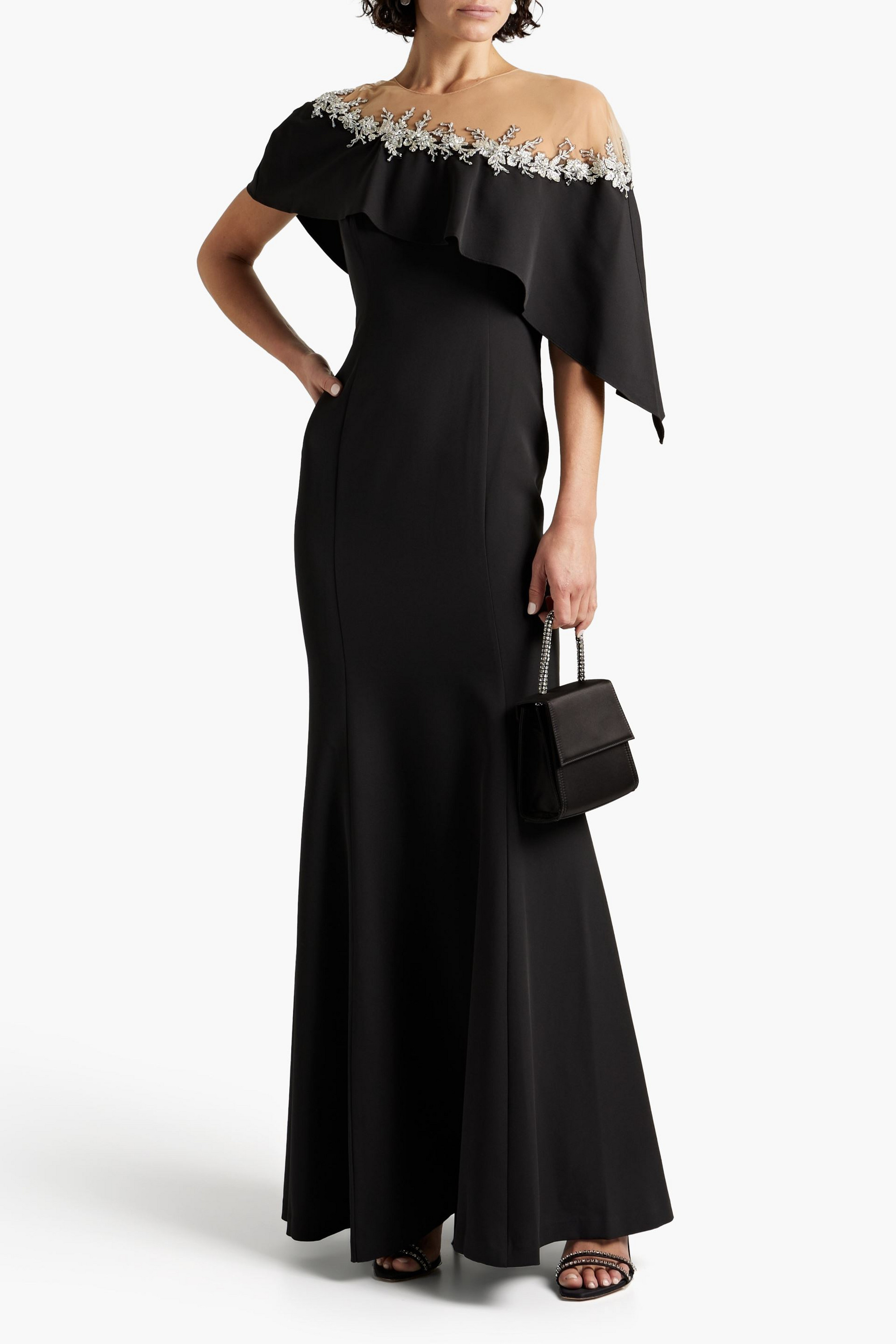 MARCHESA NOTTE Embellished tulle-paneled draped crepe gown