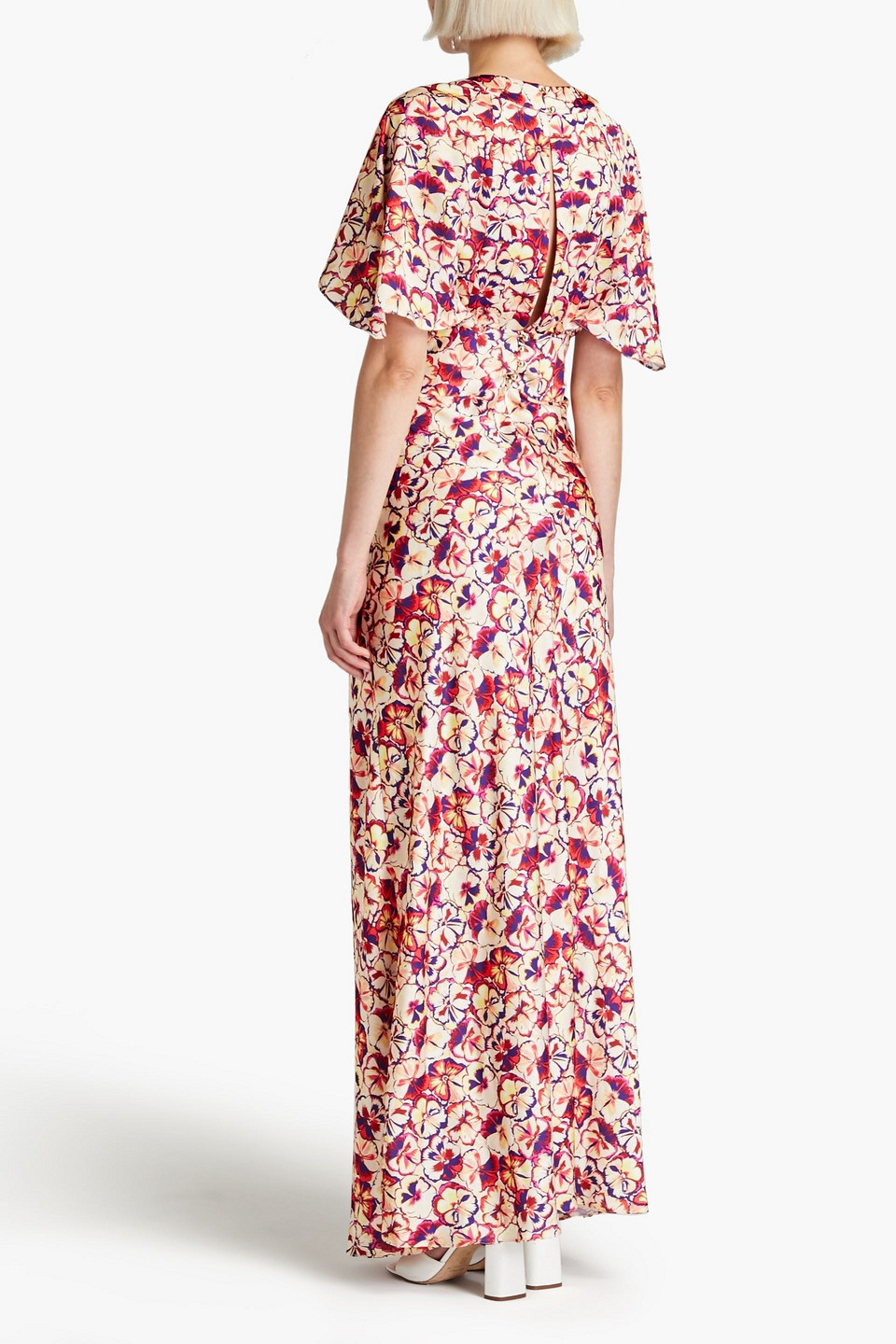 Shop Rabanne Ruffled Floral-print Satin Maxi Dress In Cream