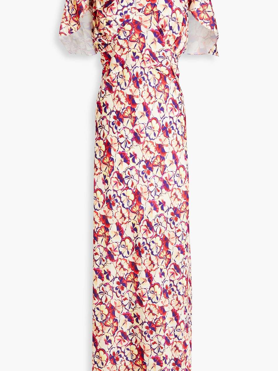 ruffled floral-print satin maxi dress