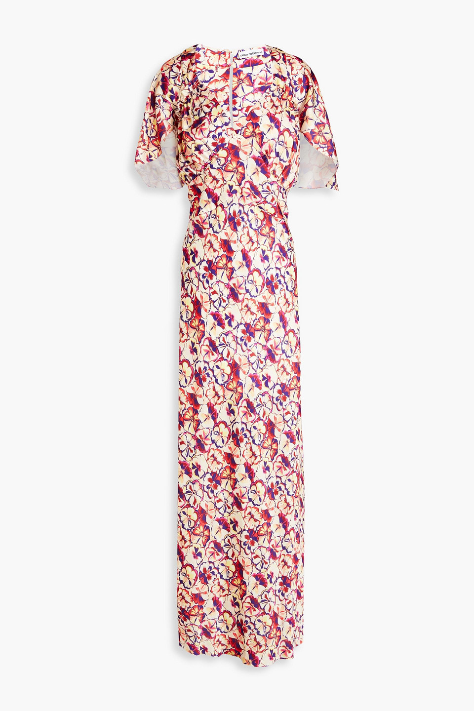 Paco Rabanne Gathered Floral-print Satin Maxi Dress In Cream