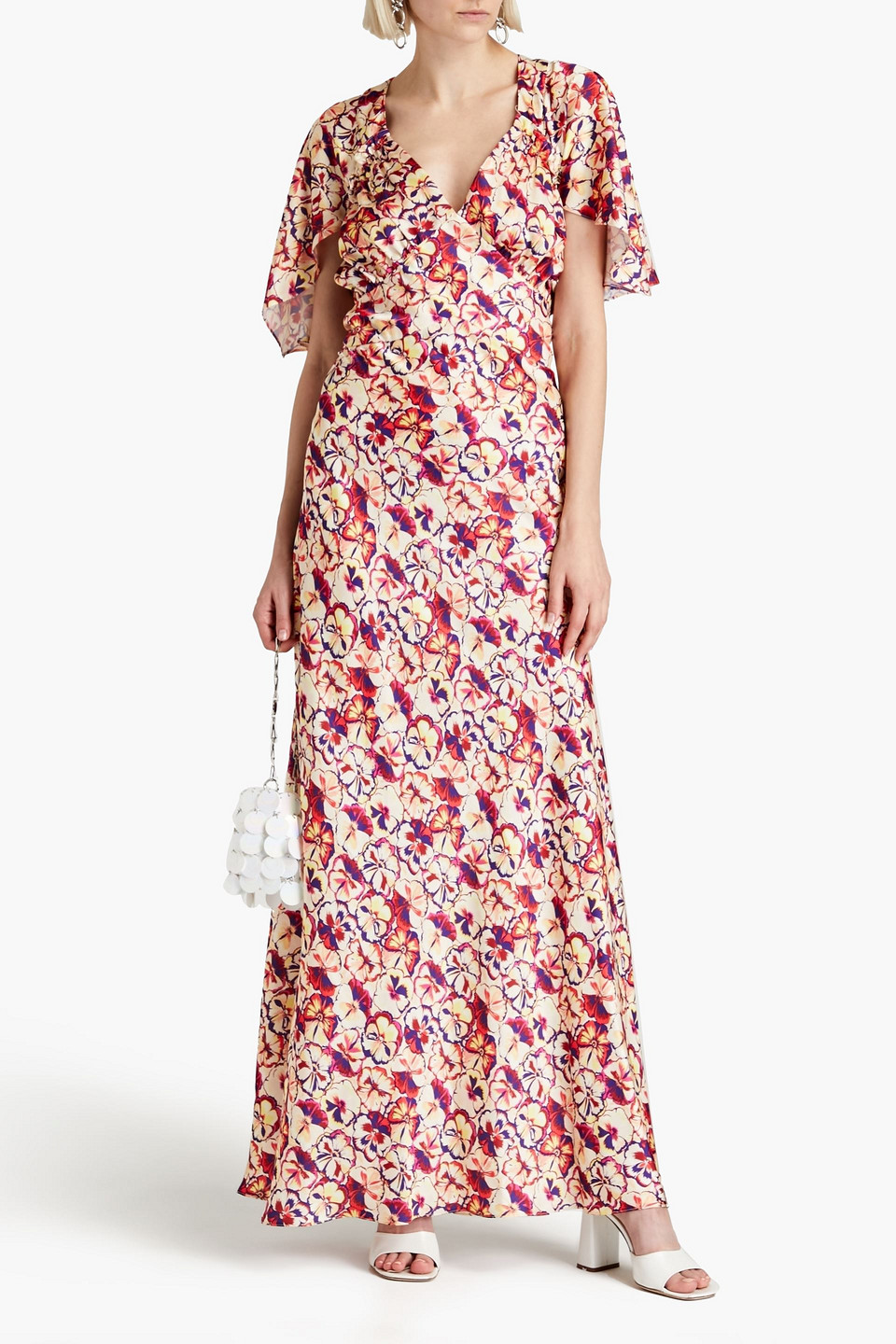 Shop Rabanne Ruffled Floral-print Satin Maxi Dress In Cream