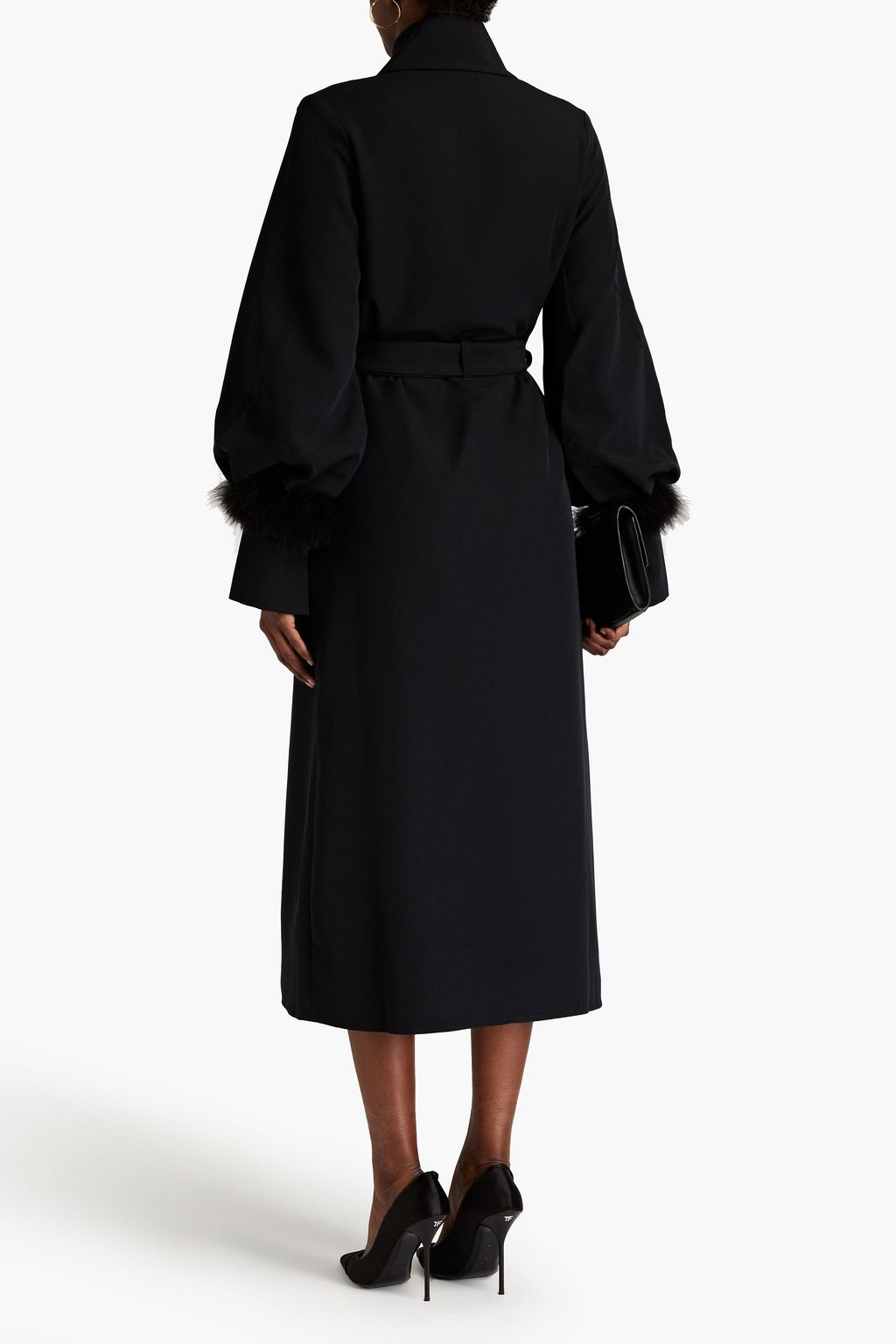 16ARLINGTON Namika belted feather-trimmed crepe coat