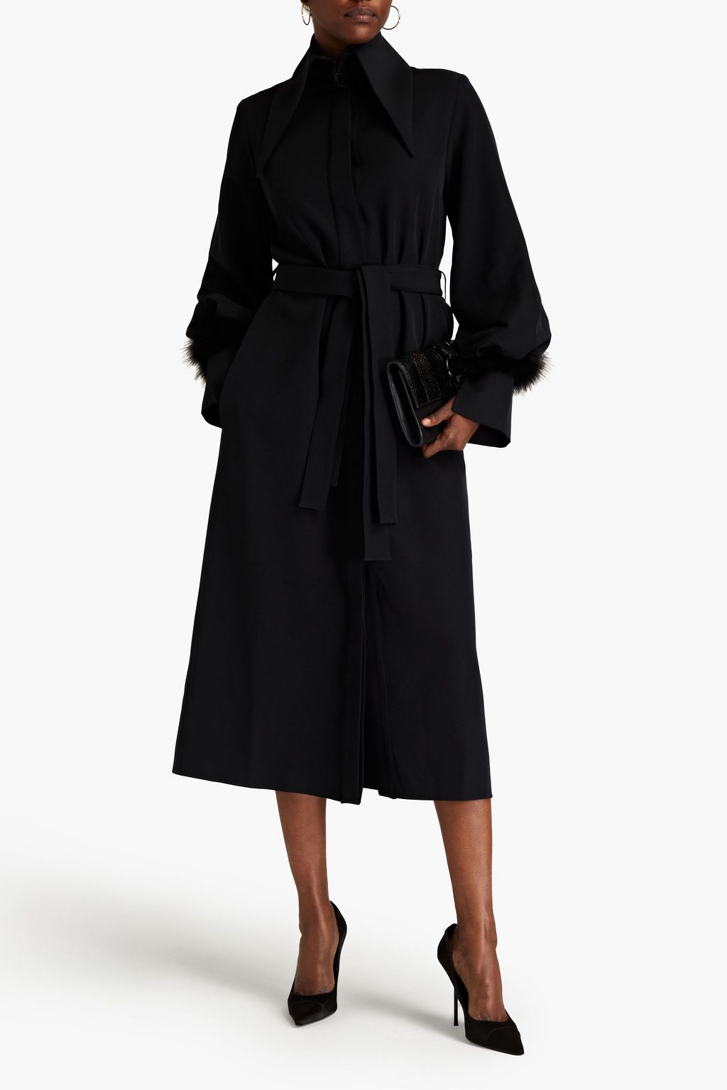 16ARLINGTON Namika belted feather-trimmed crepe coat
