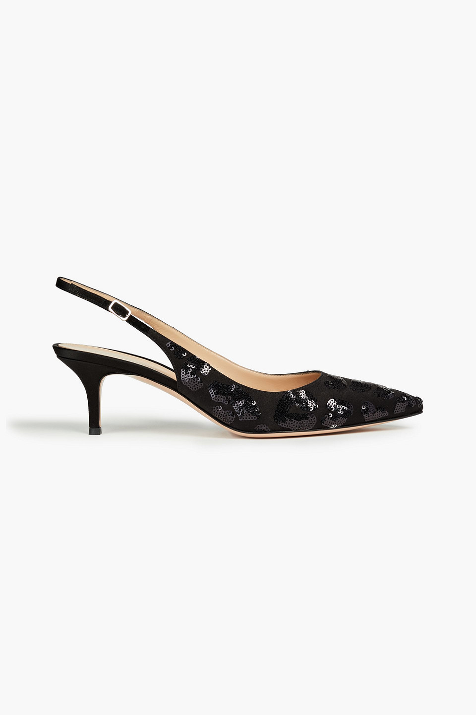 Sequin-embellished satin slingback pumps