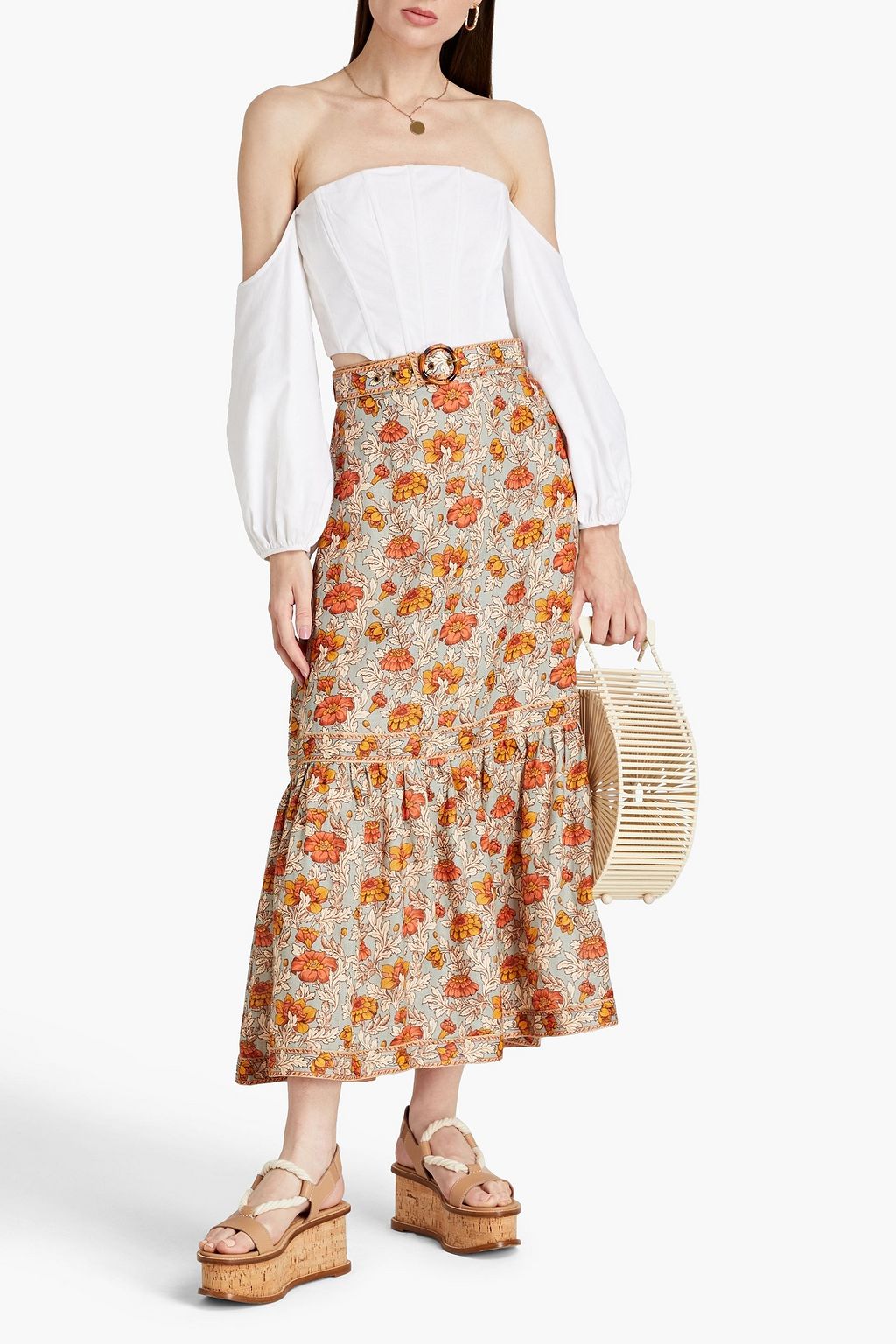 ZIMMERMANN Andie gathered floral-print linen midi skirt