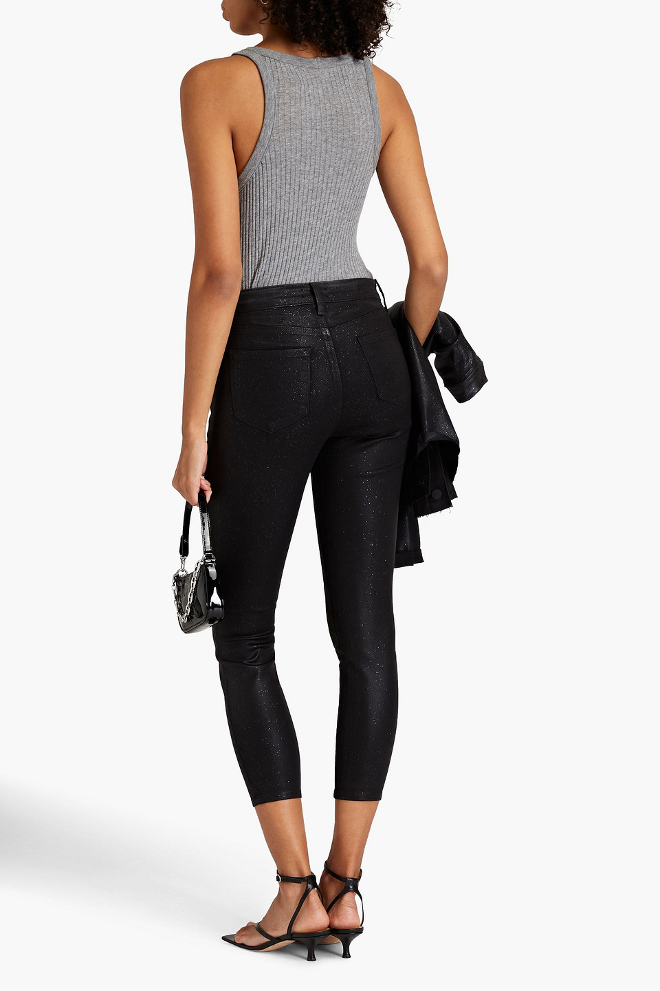 L Agence Margot Cropped Glittered High-rise Skinny Jeans In Black