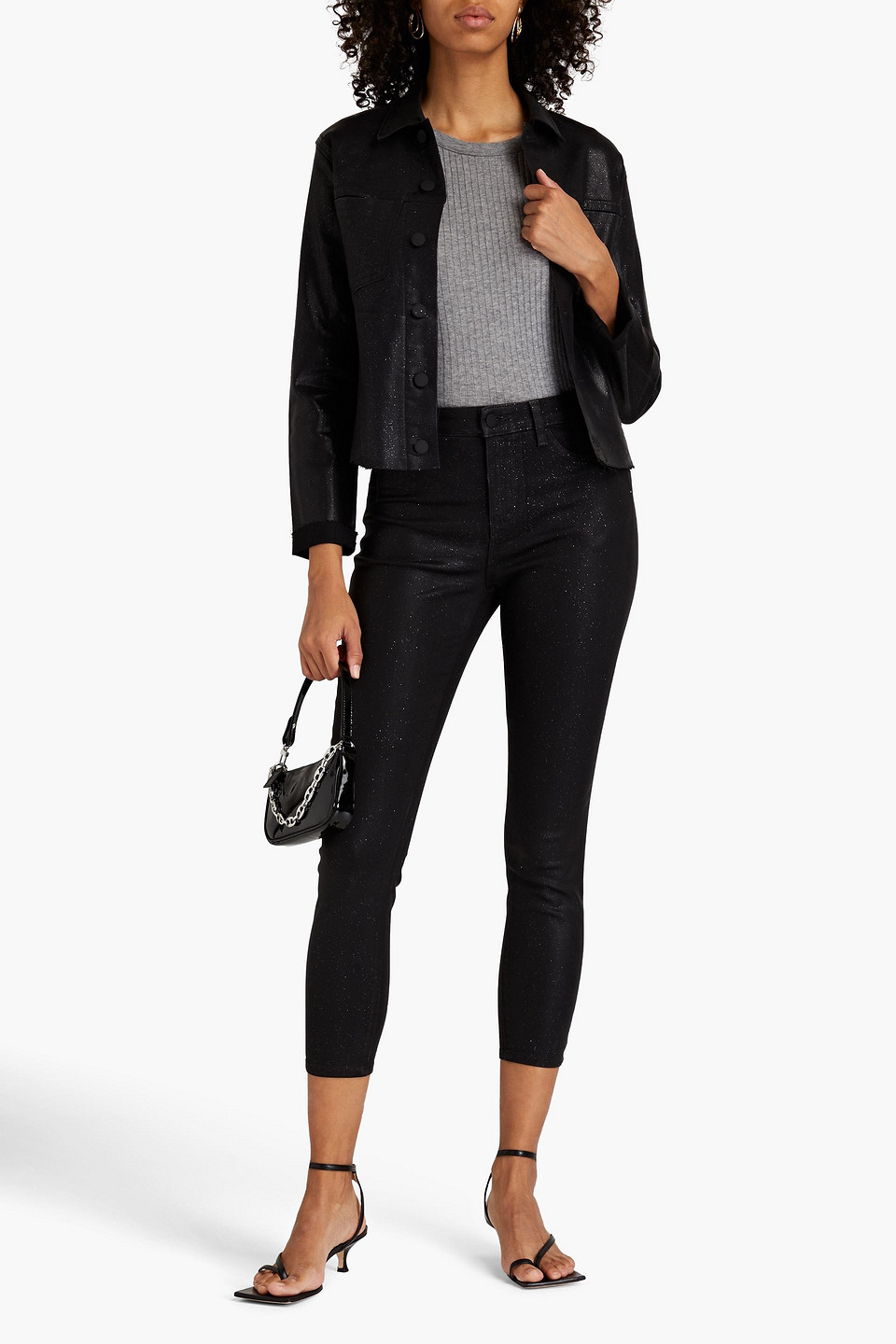 Shop L Agence Margot Cropped Glittered High-rise Skinny Jeans In Black