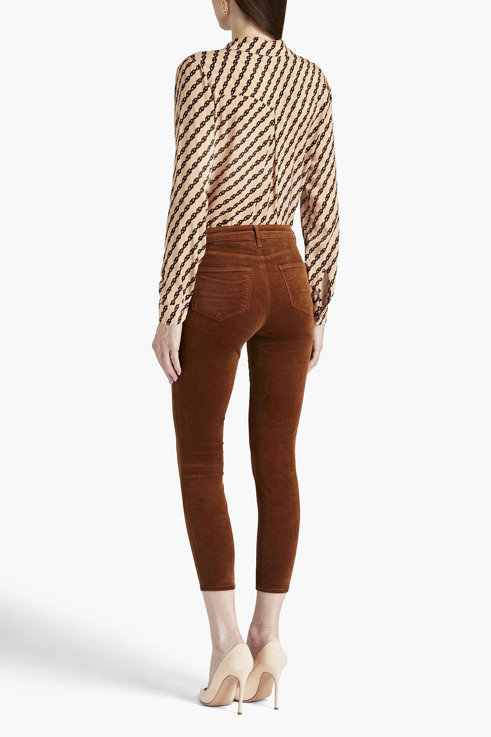 Shop L Agence Cropped Cotton-blend Velvet Skinny Pants In Brown