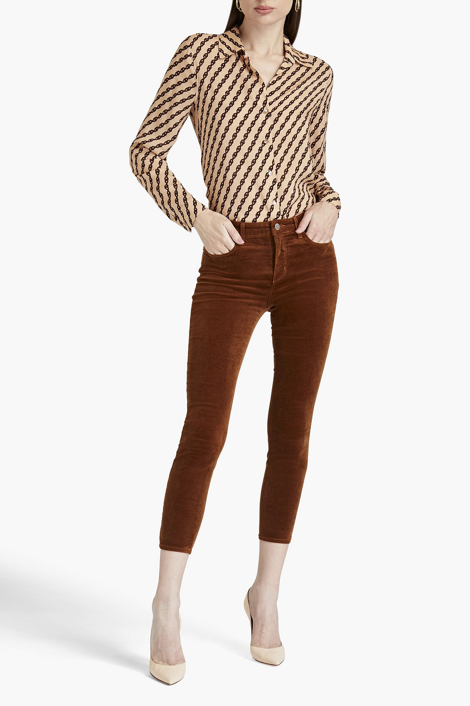 Shop L Agence Cropped Cotton-blend Velvet Skinny Pants In Brown