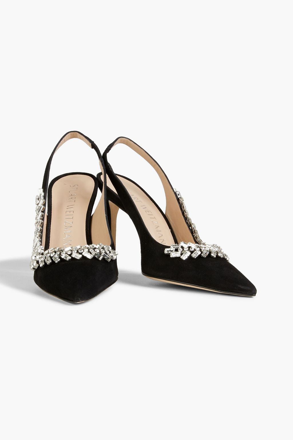 STUART WEITZMAN Promise 100 crystal-embellished suede slingback pumps