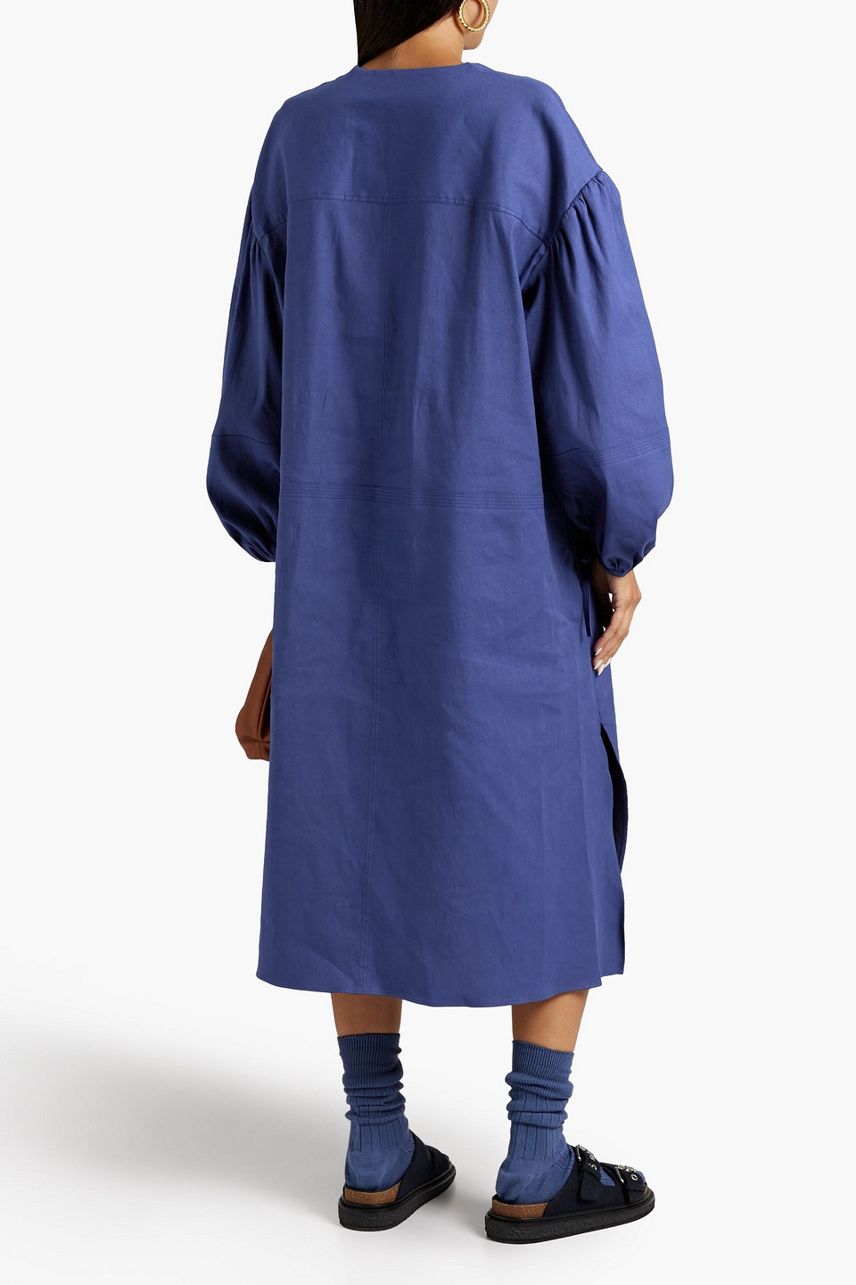 Joseph Womens Cobalt Blue Duna Puff-sleeved Linen-blend Midi Dress 12 In Indigo