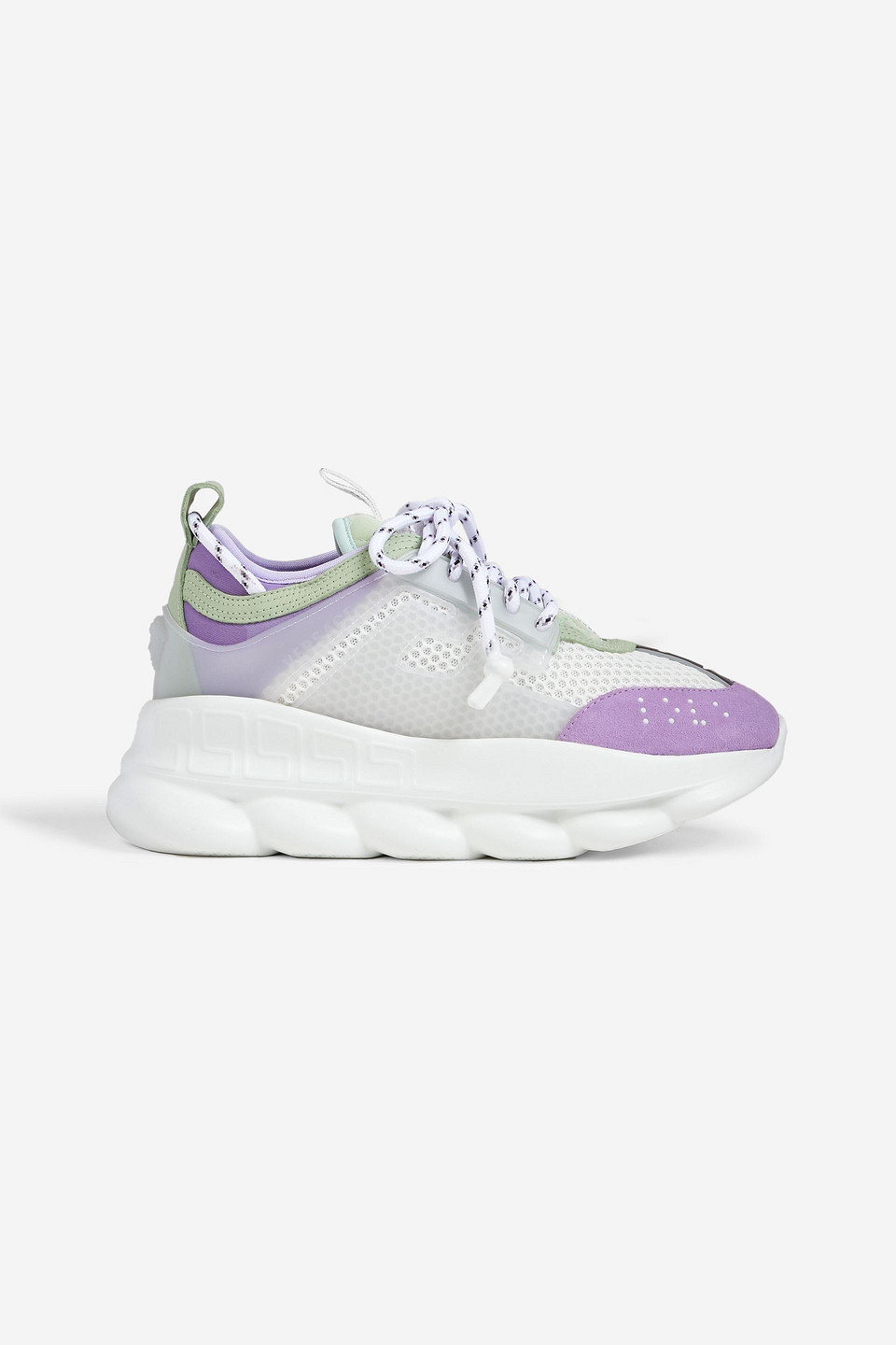 VERSACE CHAIN REACTION MESH, SUEDE AND PVC EXAGGERATED-SOLE SNEAKERS,3074457345633336646