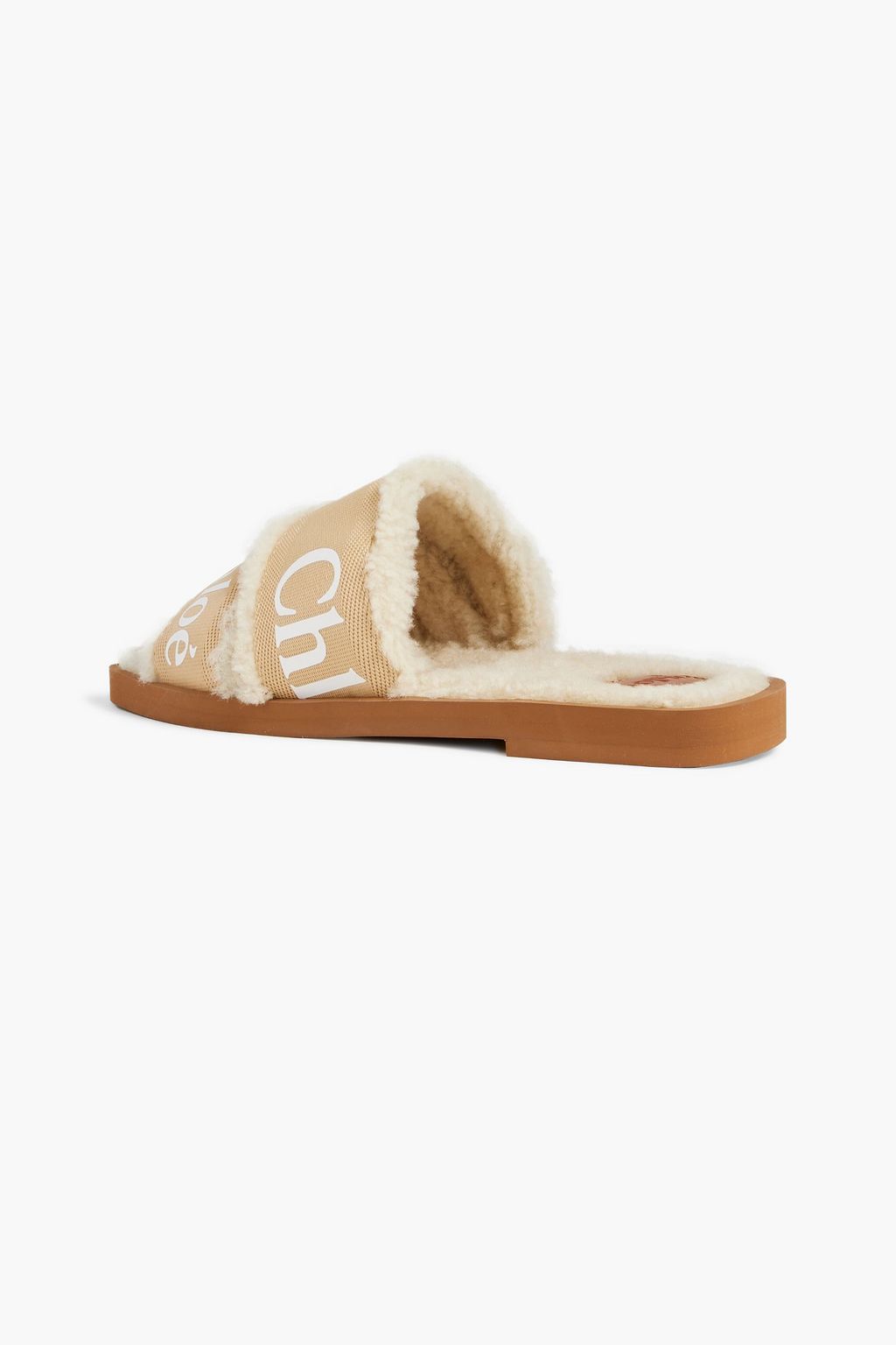 CHLOÉ Woody logo-print canvas and shearling slides