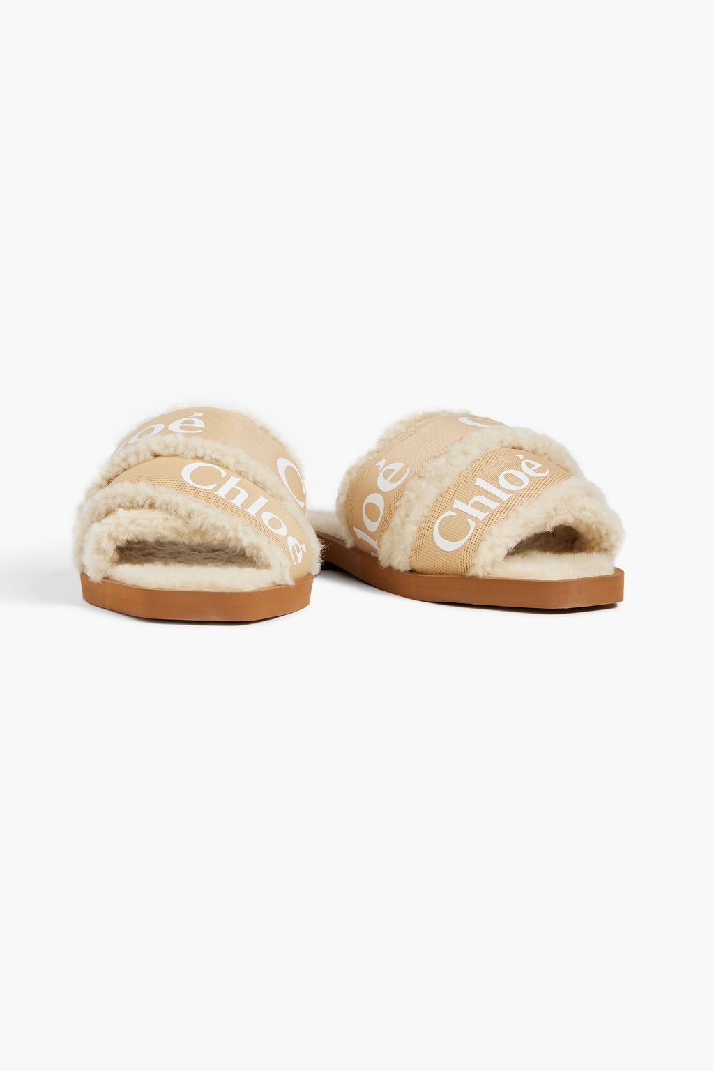 CHLOÉ Woody logo-print canvas and shearling slides