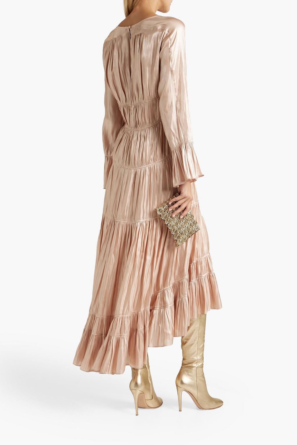 CINQ À SEPT Nina tiered plissé-satin midi dress