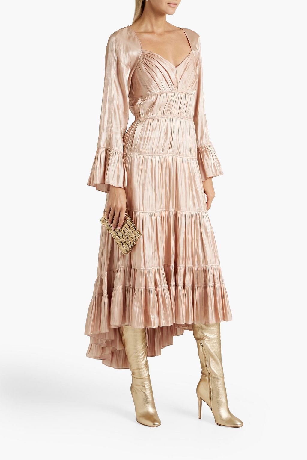 CINQ À SEPT Nina tiered plissé-satin midi dress