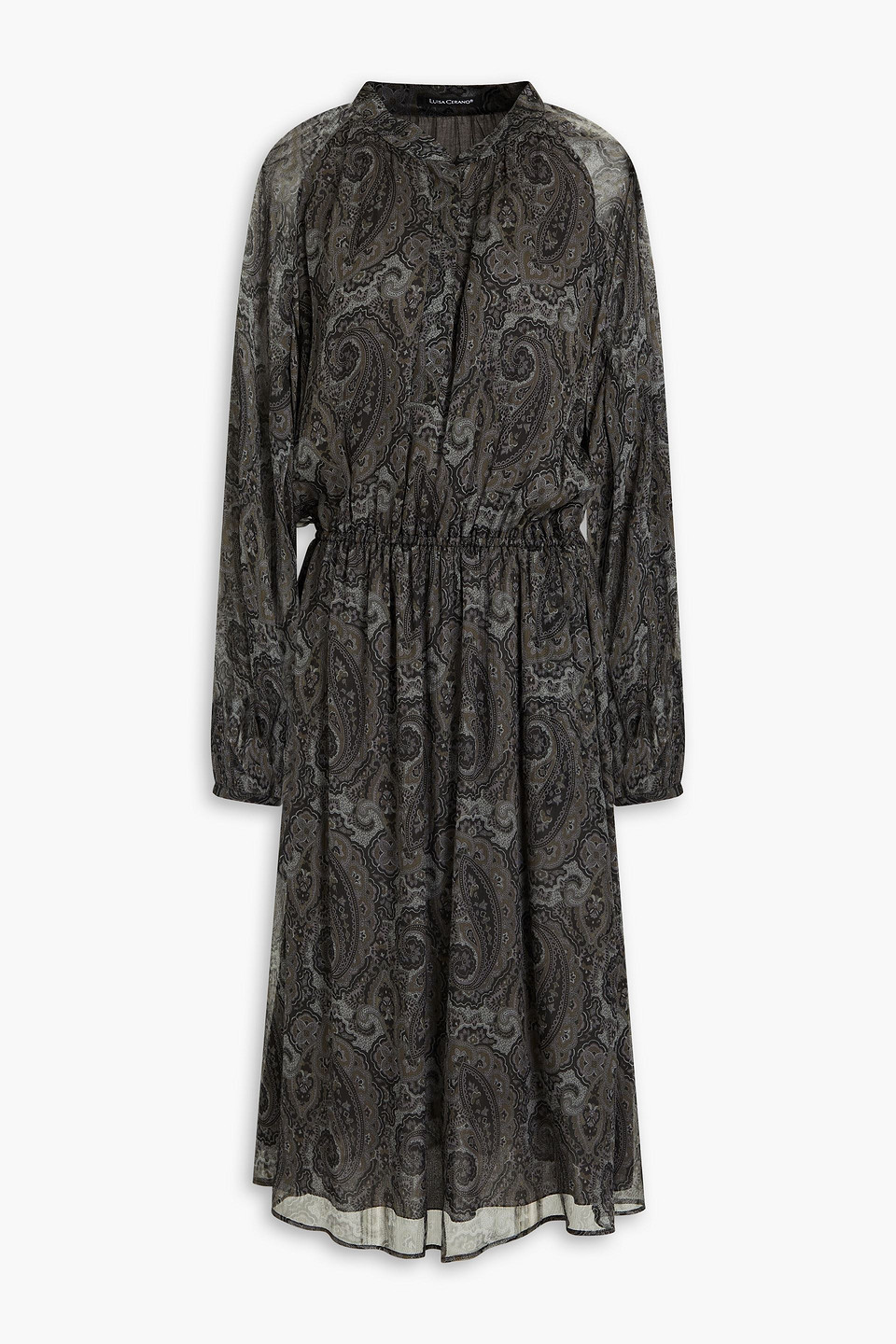 Luisa Cerano Gathered Paisley-print Silk-crepon Midi Dress In Gray