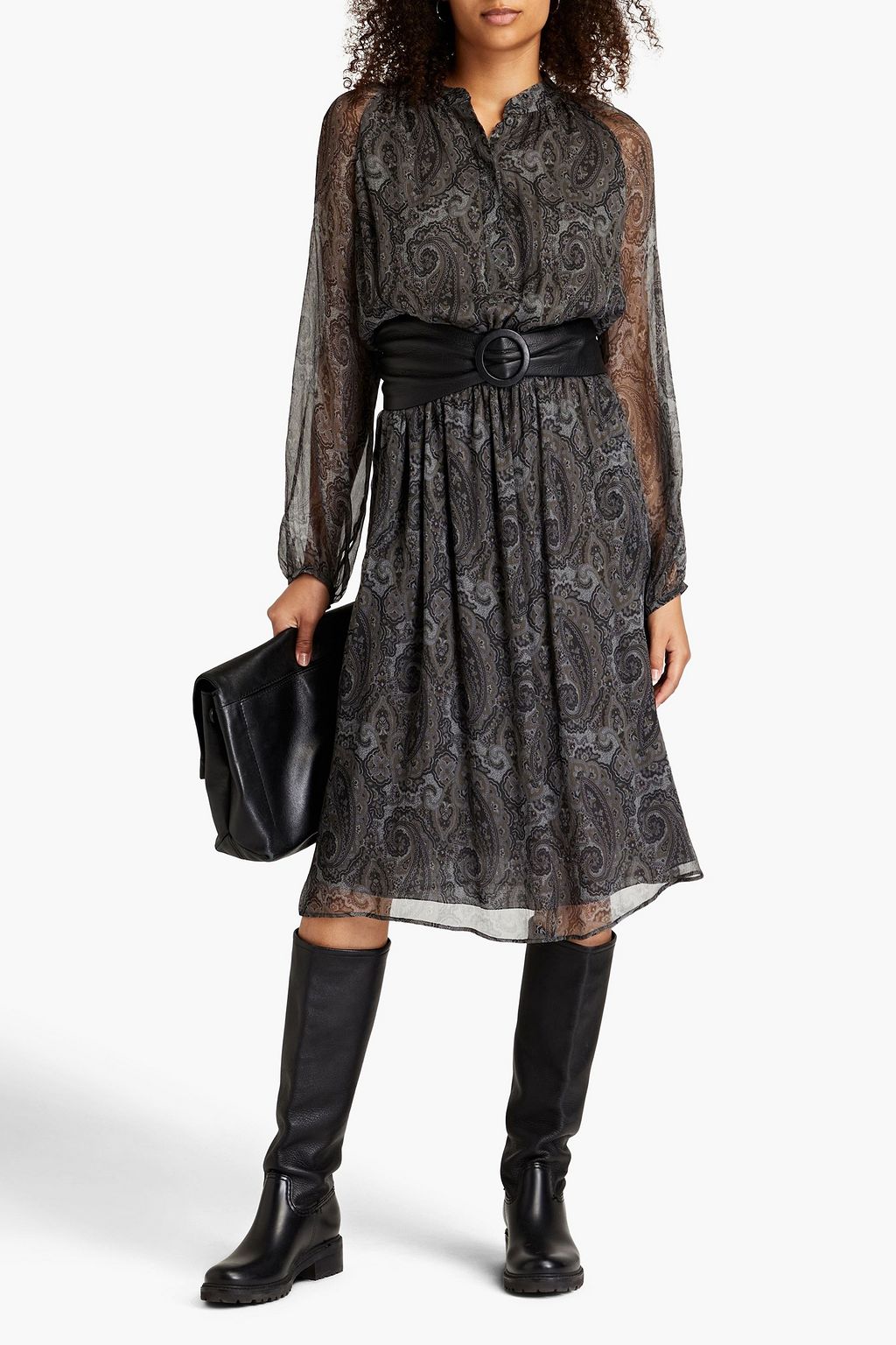 LUISA CERANO シルククレポン ミディワンピース ギャザー入り ペイズリープリント