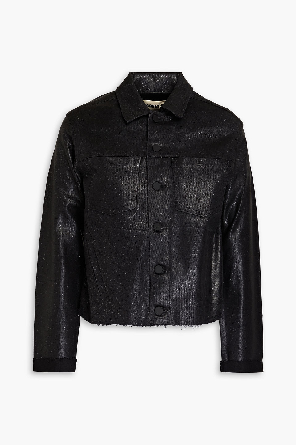 Shop L Agence Janelle Glittered Coated Denim Jacket In Black