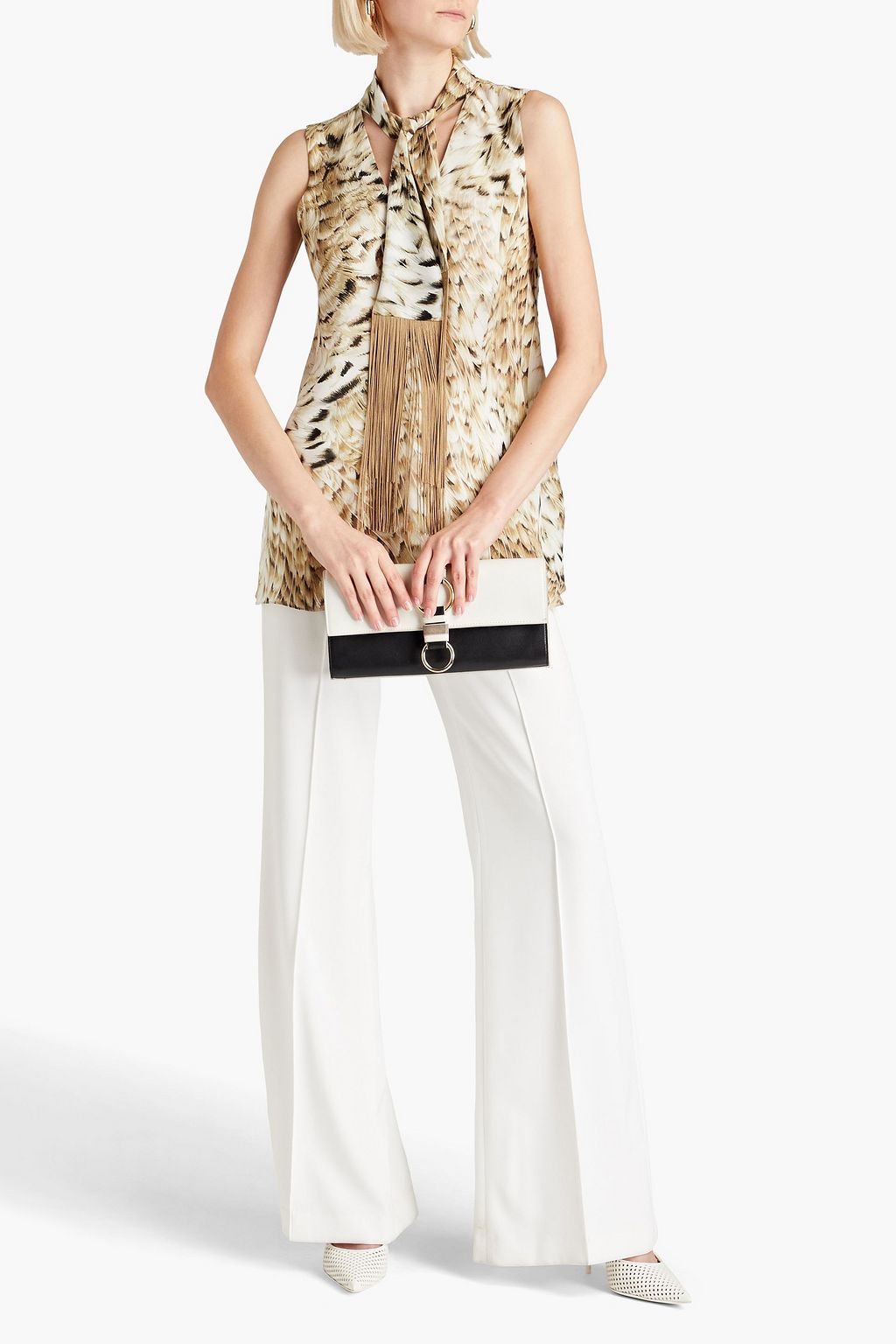 ROBERTO CAVALLI Fringed printed silk crepe de chine top