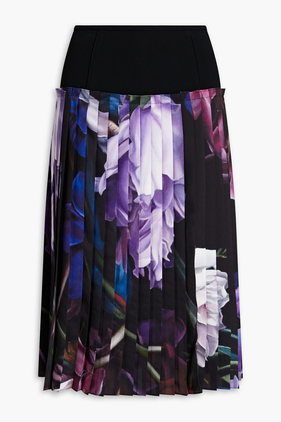 Roberto Cavalli Crepe-paneled Pleated Printed Silk-twill Skirt In Black