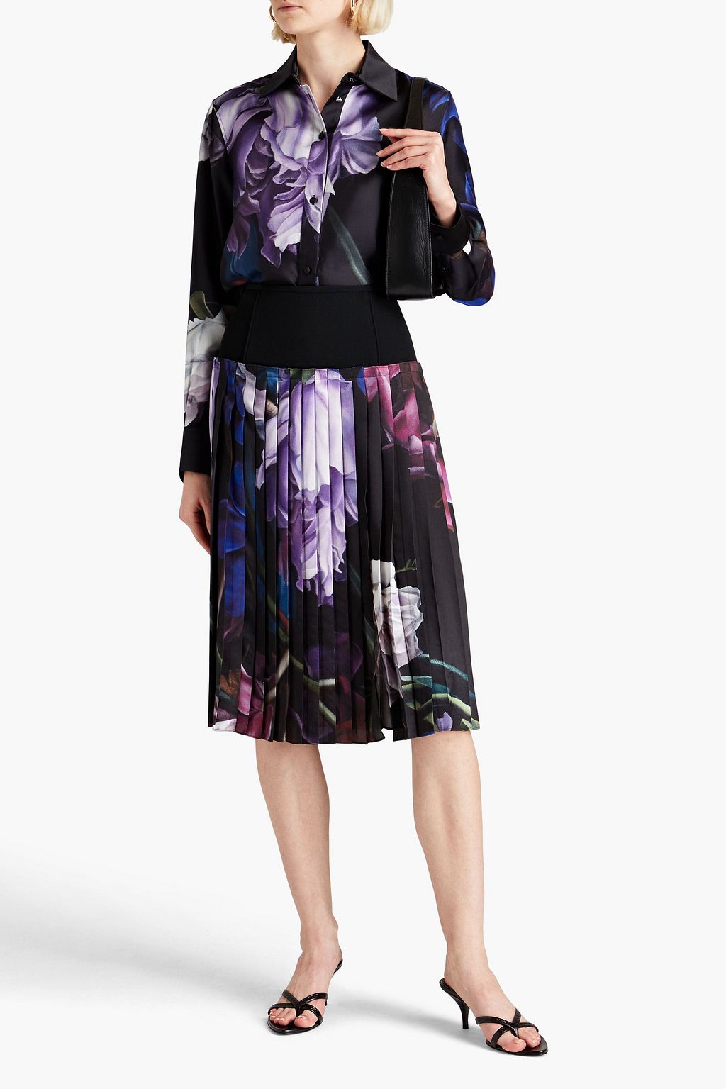 ROBERTO CAVALLI Crepe-paneled pleated printed silk-twill skirt