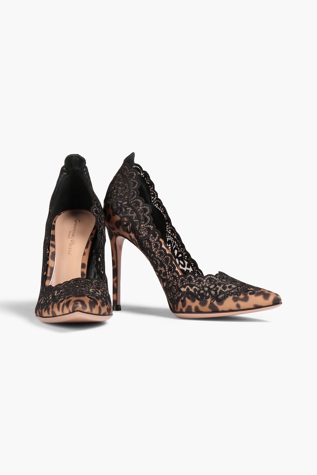 GIANVITO ROSSI Evie 레이스 패널 레오파드 프린트 새틴 펌프스