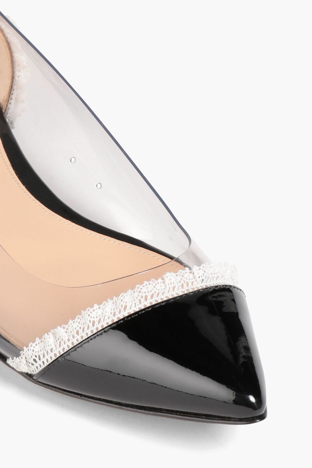 GIANVITO ROSSI Plexi lace-trimmed PVC and patent-leather point-toe flats