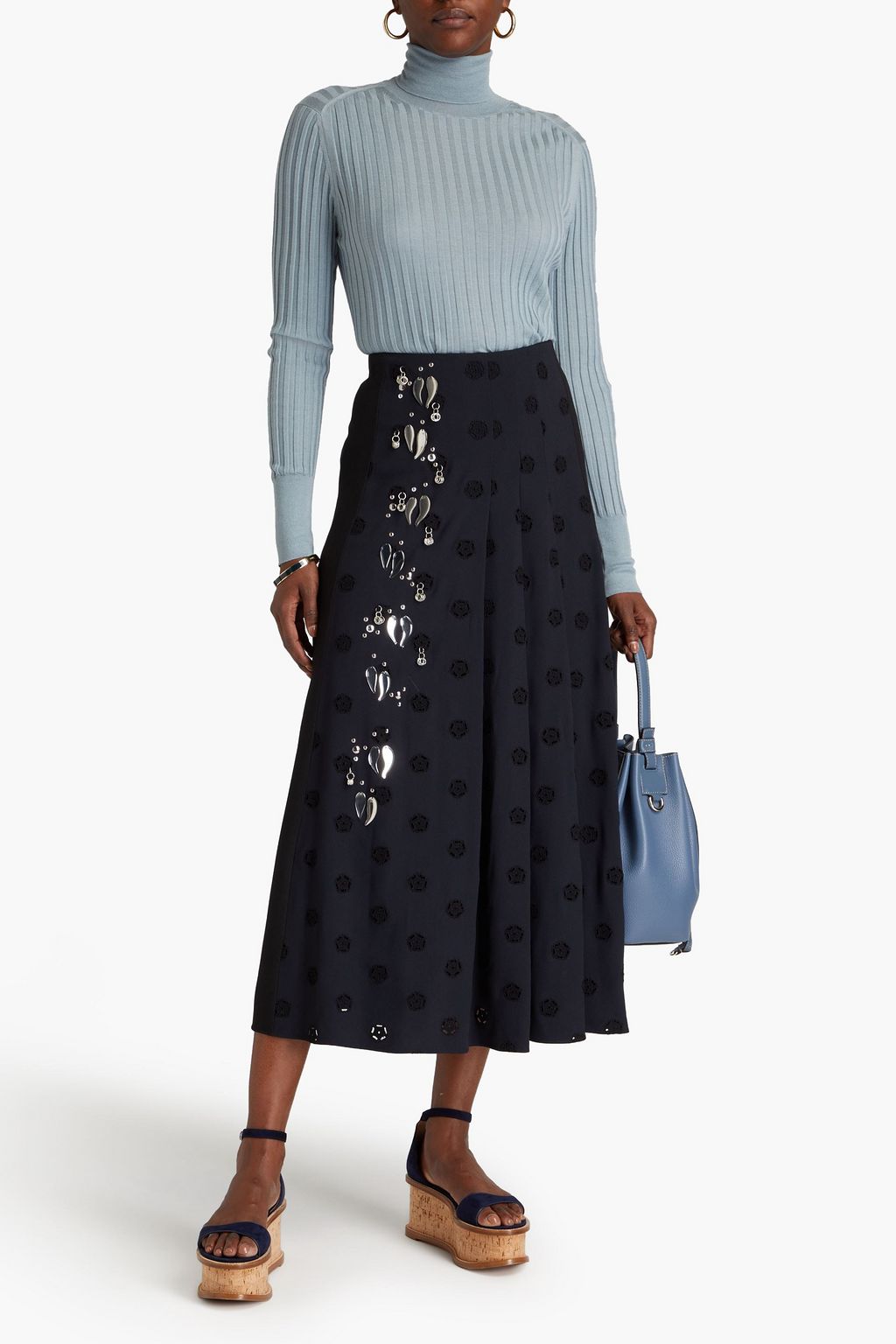 CHLOÉ Embellished broderie anglaise-trimmed crepe midi skirt