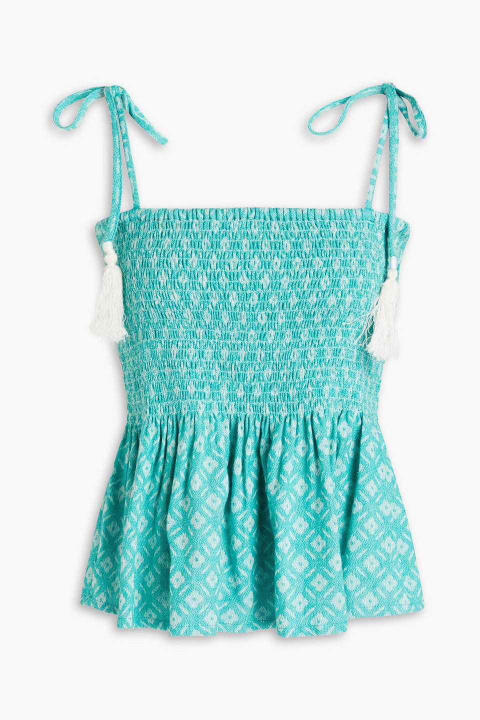 Summery Copenhagen Tonje Shirred Cotton-jacquard Peplum Top In Turquoise