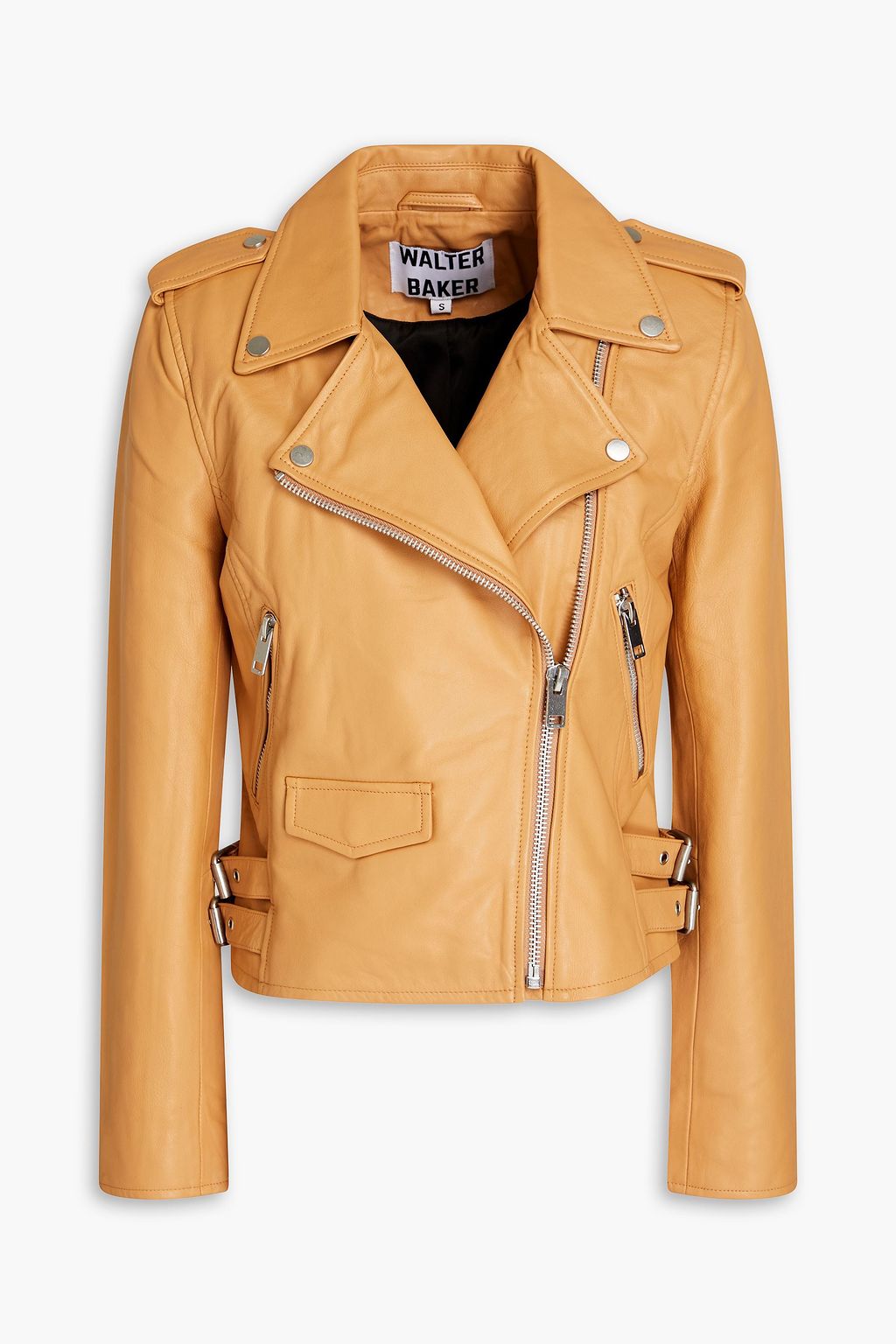 Sand-colored leather jacket with patches and zip fastening