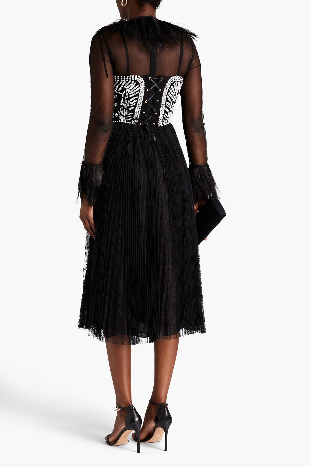 VALENTINO GARAVANI Embellished tulle-paneled Chantilly lace midi dress