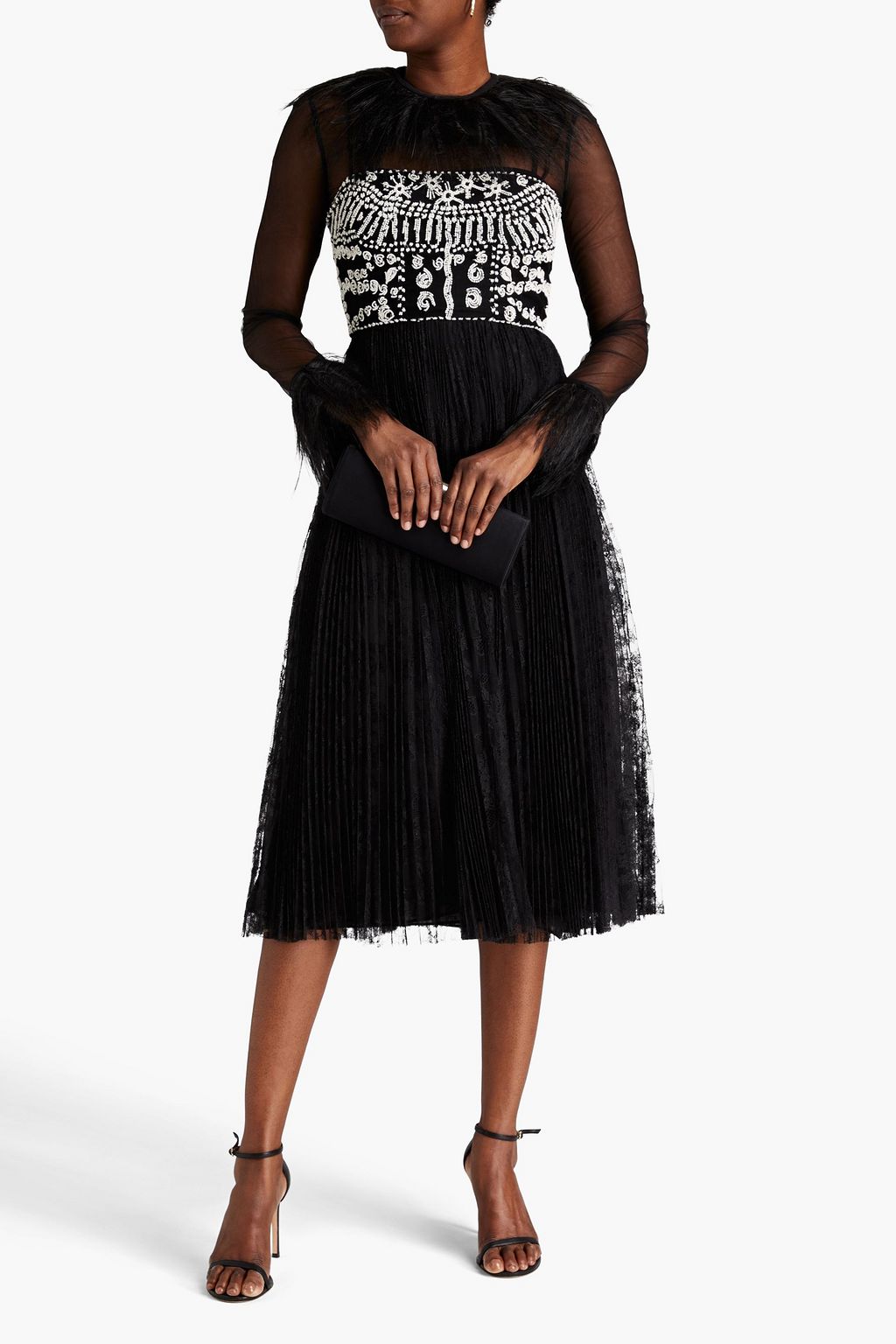 VALENTINO GARAVANI Embellished tulle-paneled Chantilly lace midi dress