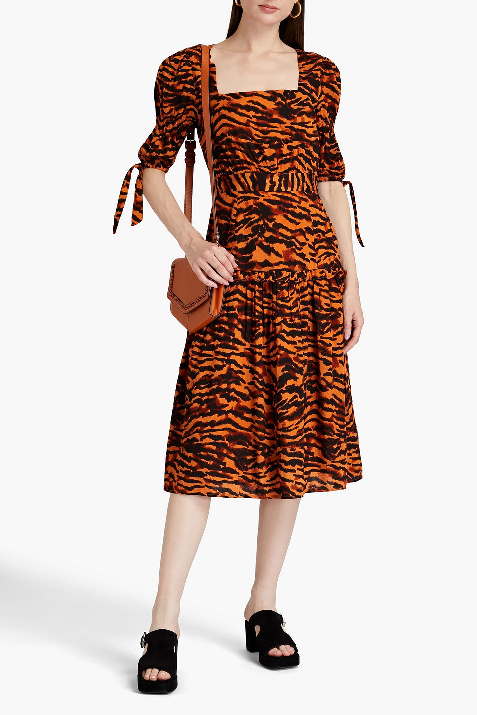 Shop Walter Baker Yosline Gathered Tiger-jacquard Midi Dress In Animal Print