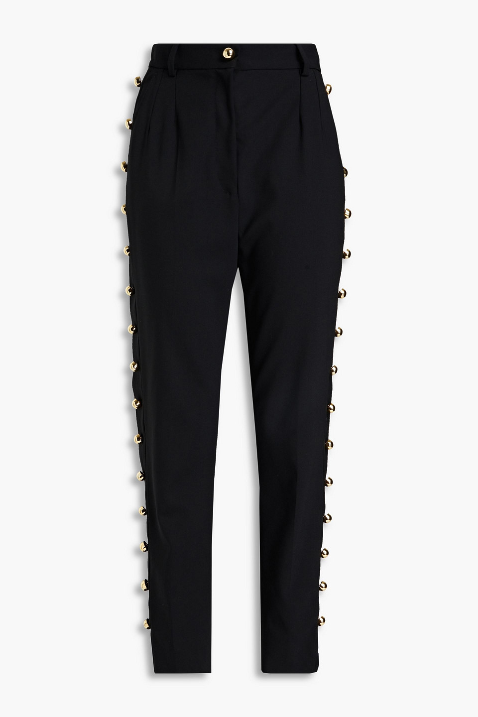 Dolce & Gabbana Pleated Embellished Wool-blend Tapered Trousers In Black