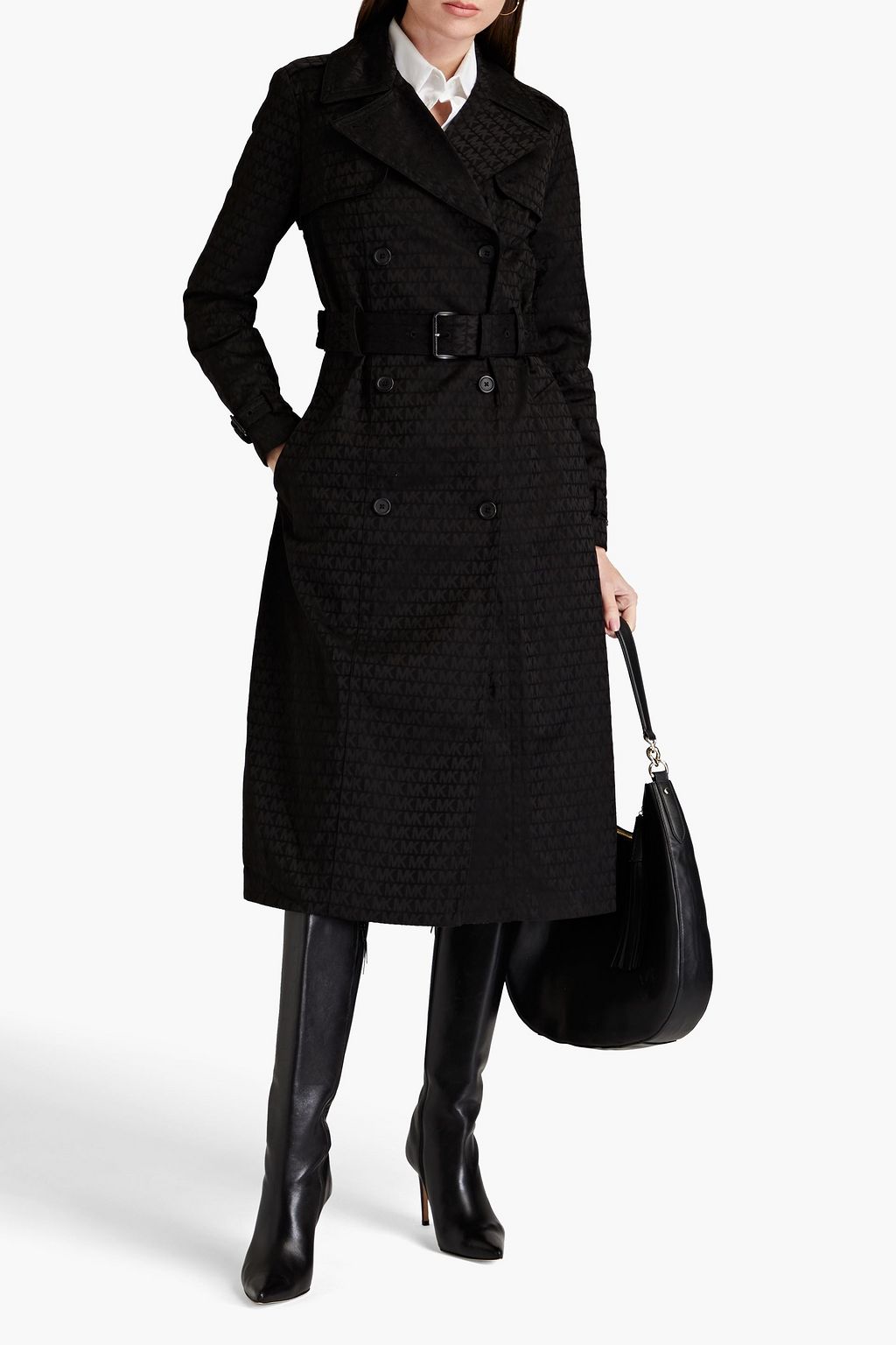 Black Logo-jacquard shell trench coat 